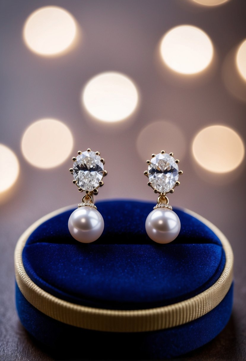 A pair of elegant diamond and pearl wedding earrings displayed on a velvet cushion