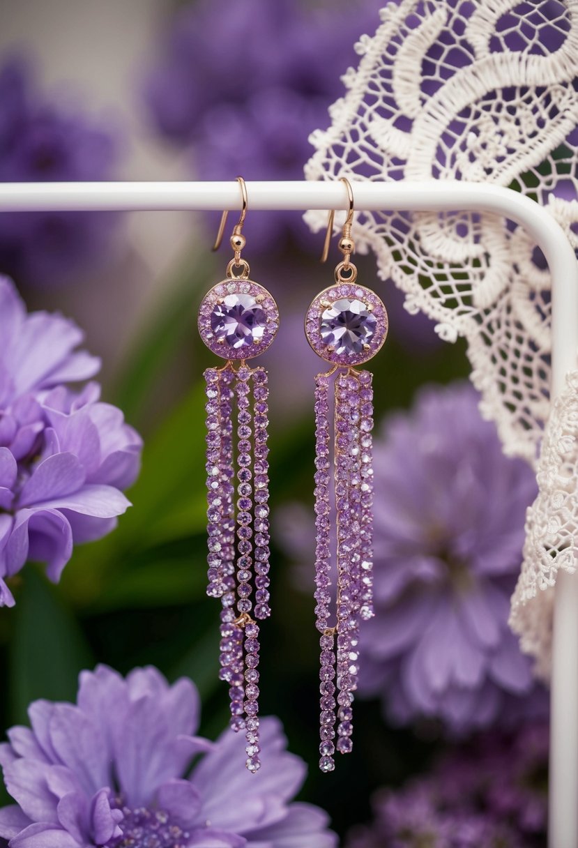 Lavender rhinestone fringe earrings dangling from a display, surrounded by soft purple flowers and delicate lace