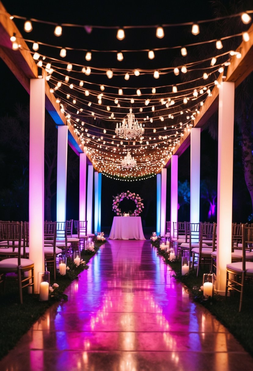 Multicolored lights illuminate a wedding aisle, casting vibrant hues on the ground and surrounding decor