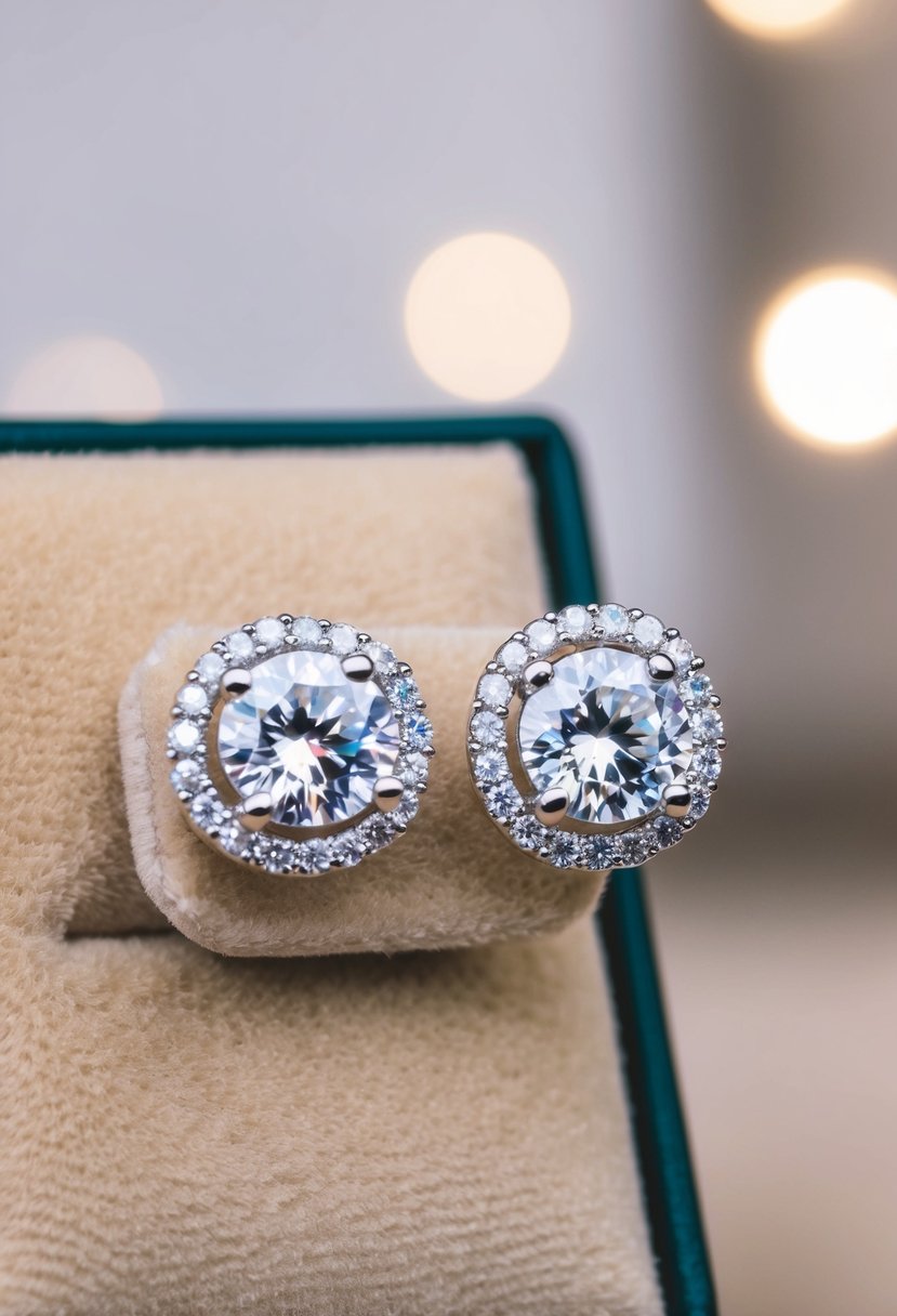 A close-up of diamond halo stud earrings on a velvet jewelry display, with soft lighting to showcase their sparkle