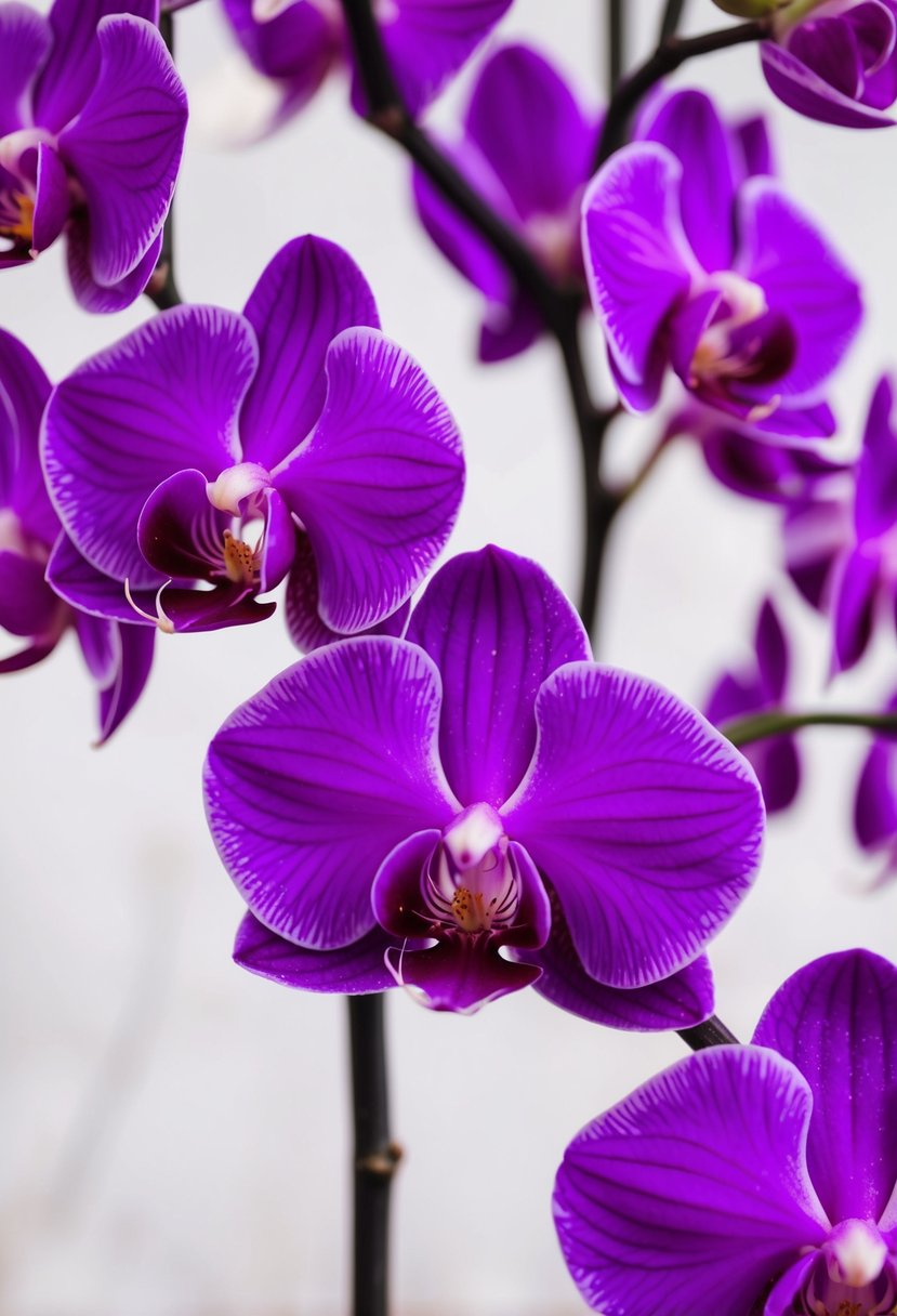 A close-up of purple orchid statement earrings against a white background, showcasing intricate details and elegant design