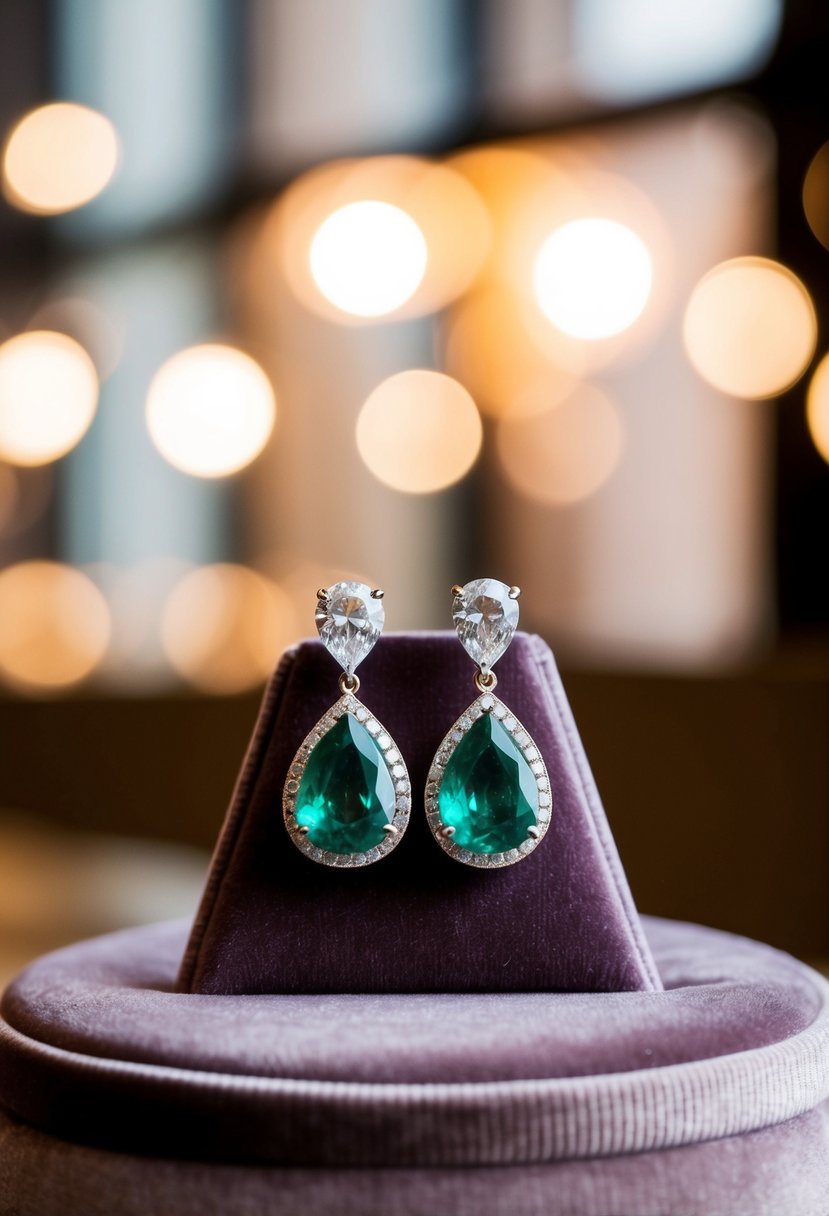 Emerald and diamond teardrop earrings displayed on a velvet cushion under soft, warm lighting