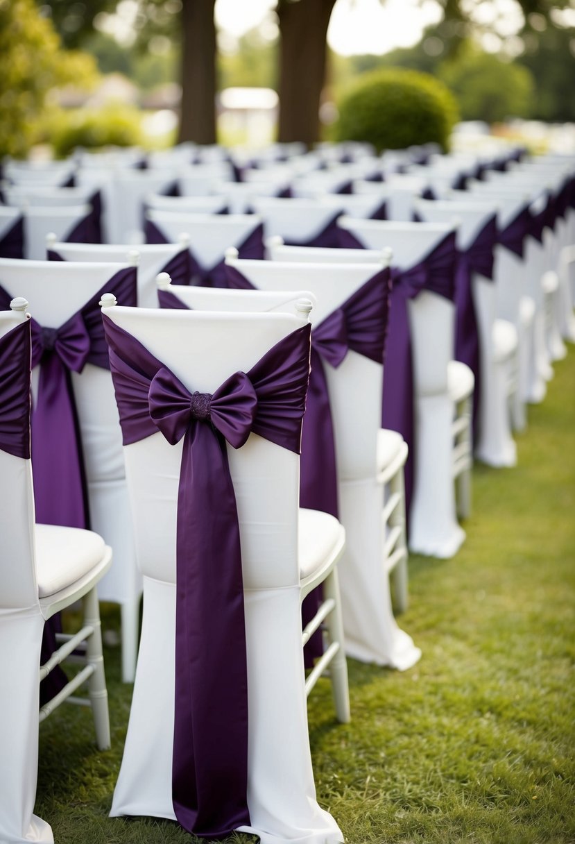 Rows of white ceremony chairs with elegant sashes lining the wedding aisle