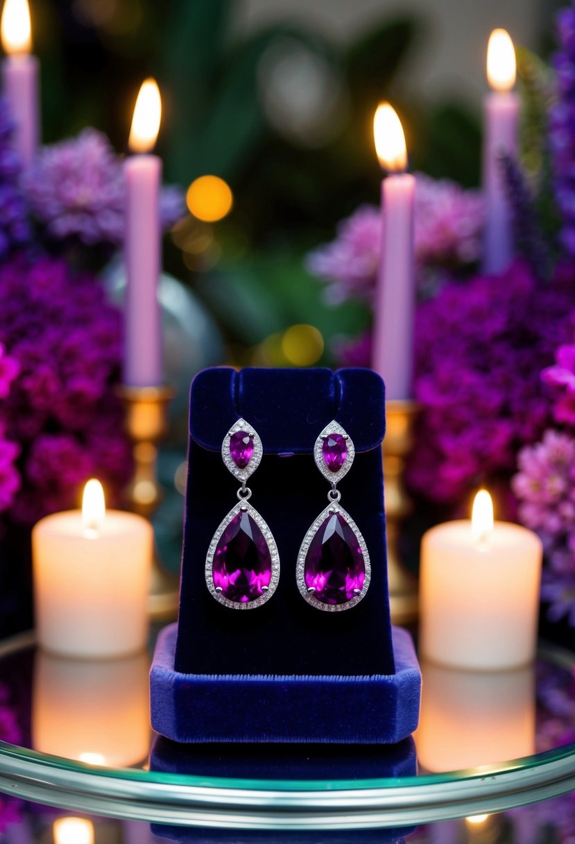 A sparkling pair of magenta amethyst drop earrings on a velvet display, surrounded by purple floral arrangements and soft candlelight