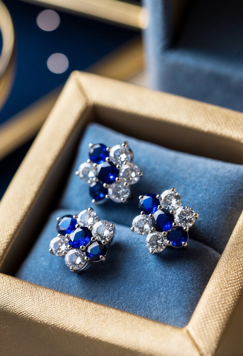 A luxurious display of sapphire and diamond cluster earrings, sparkling under soft lighting on a velvet cushion