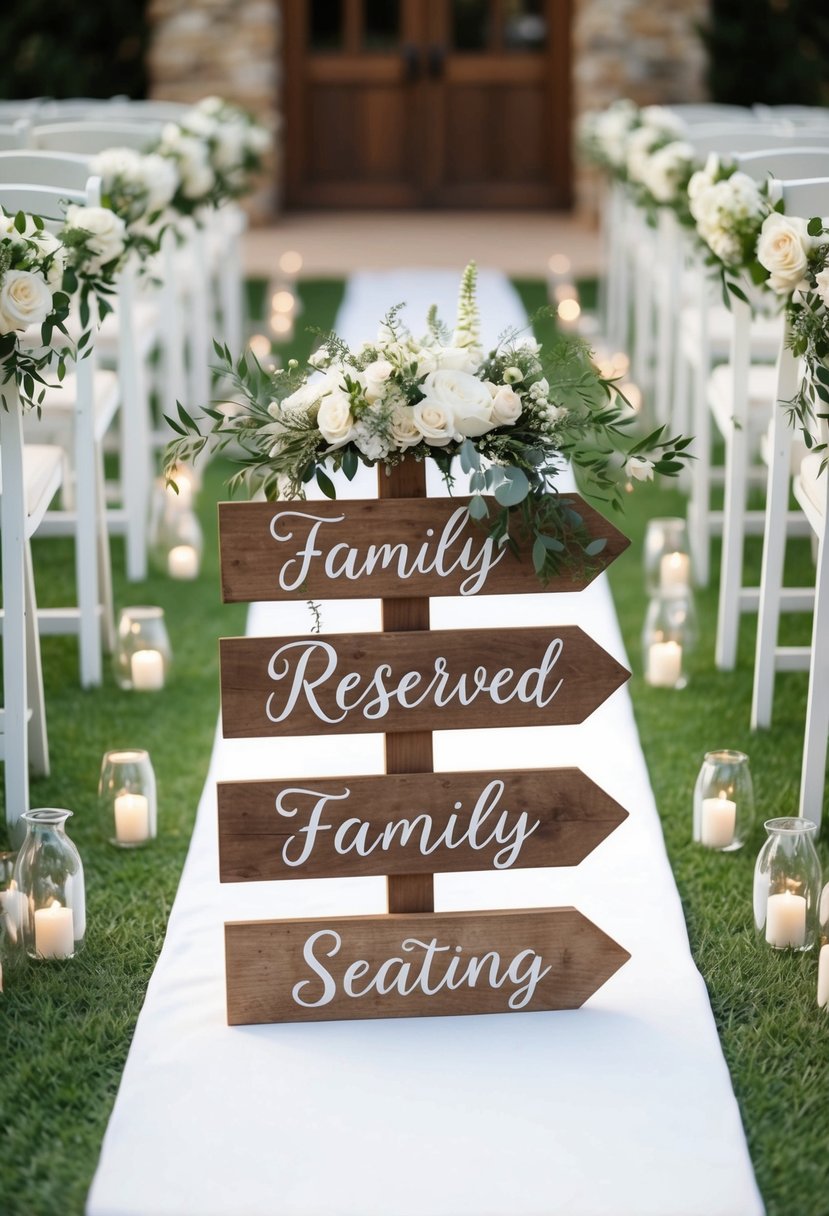 A rustic wooden sign marks the start of a flower-lined wedding aisle, flanked by reserved family seating