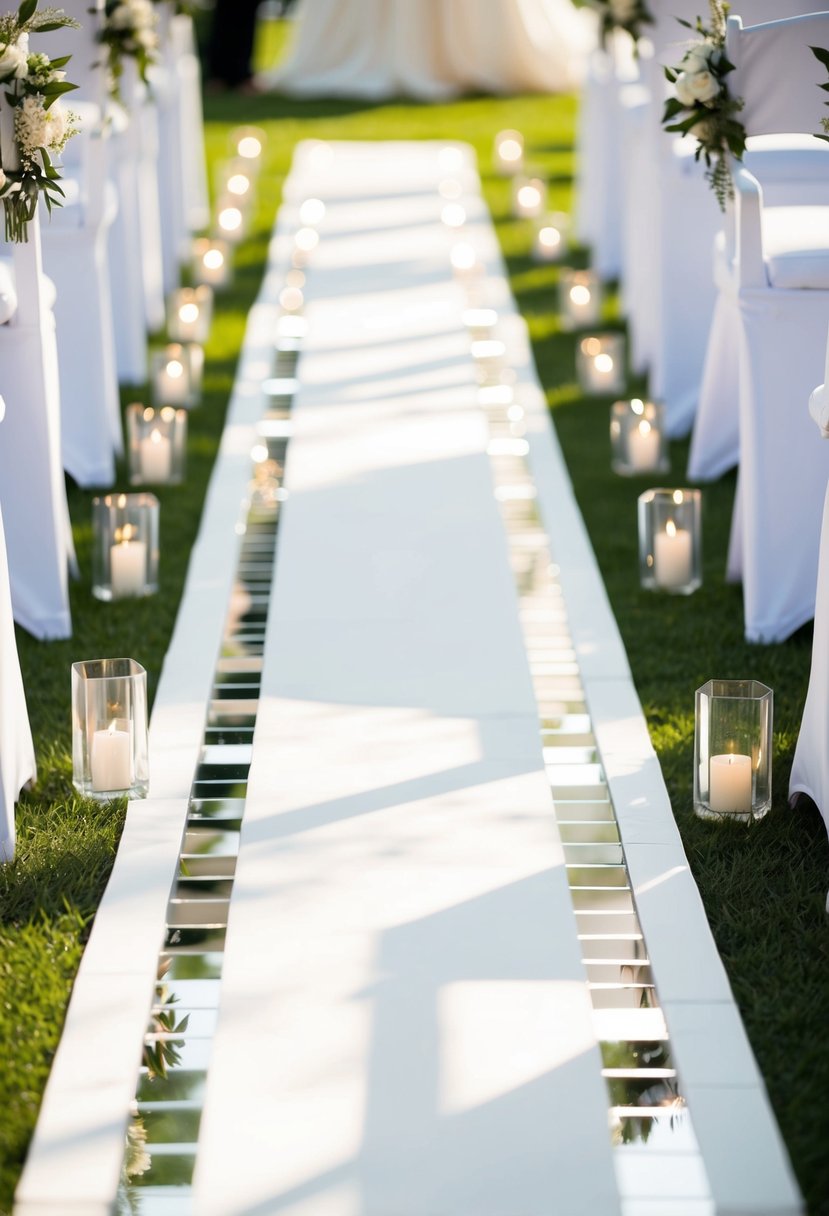 A white aisle runner with mirrored accents reflects the sunlight, creating a sparkling path for a wedding ceremony