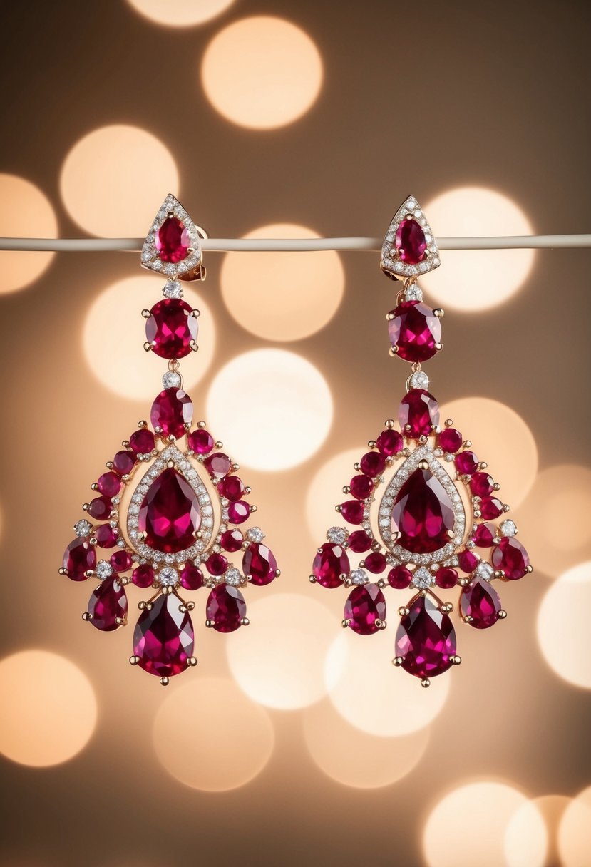 A luxurious pair of ruby chandelier earrings glimmer under soft, warm lighting, exuding elegance and sophistication