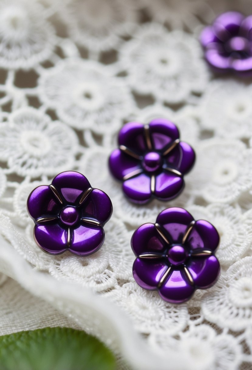 A close-up of violet enamel floral studs on a white lace fabric background