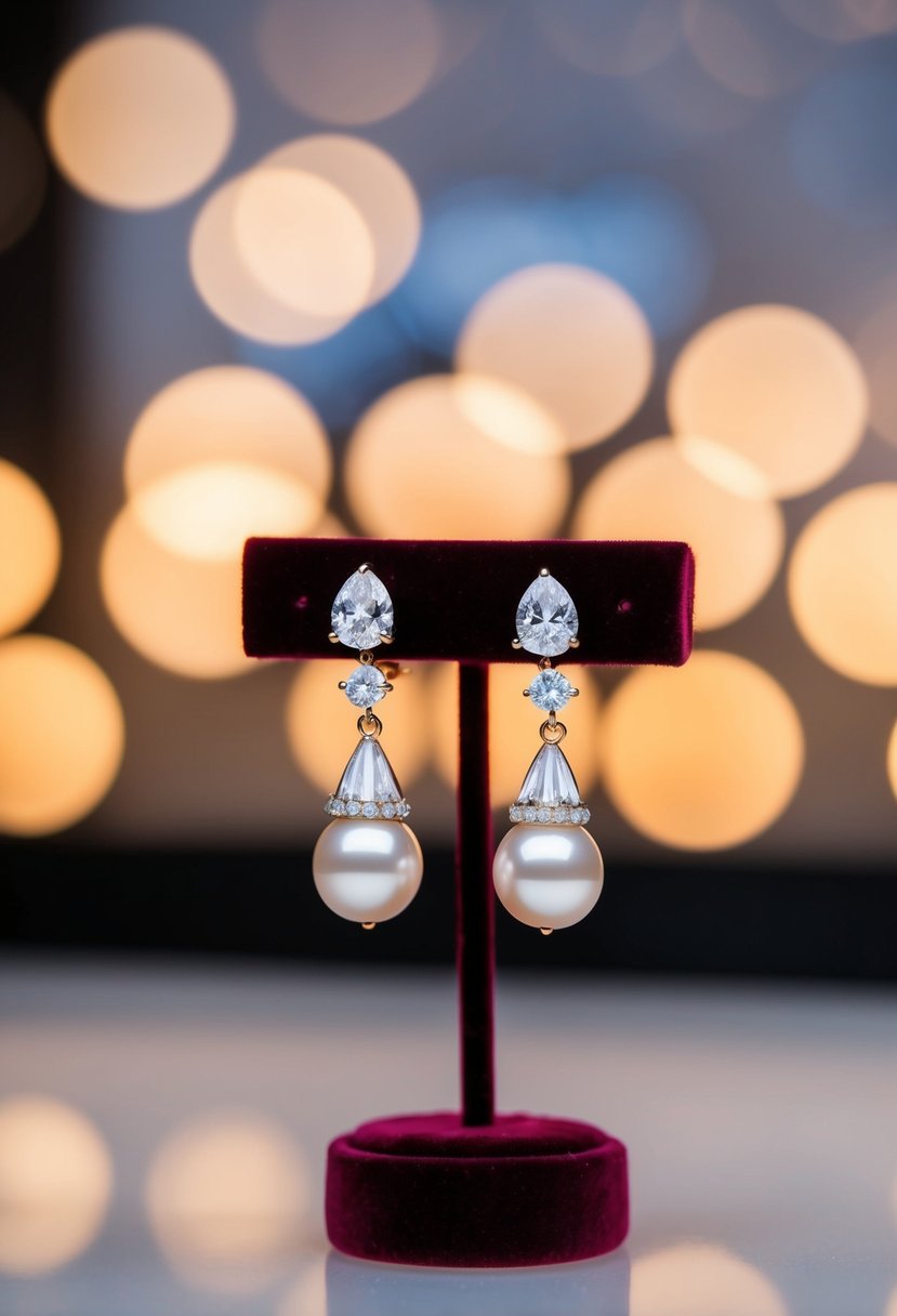 A luxurious pair of pearl and diamond drop earrings displayed on a velvet cushion with soft, warm lighting accentuating their elegance