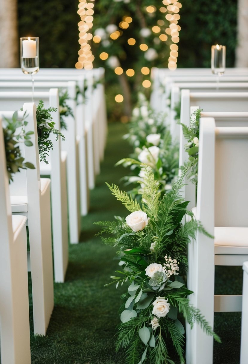 Lush greenery adorns the pew ends, creating a natural and elegant wedding aisle