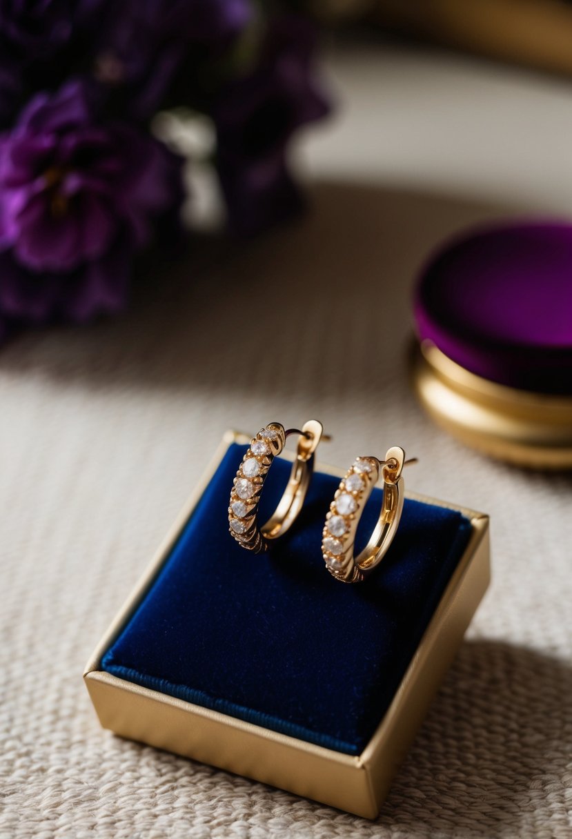 A pair of vintage-inspired 14k gold earrings displayed on a velvet cushion in a luxurious setting