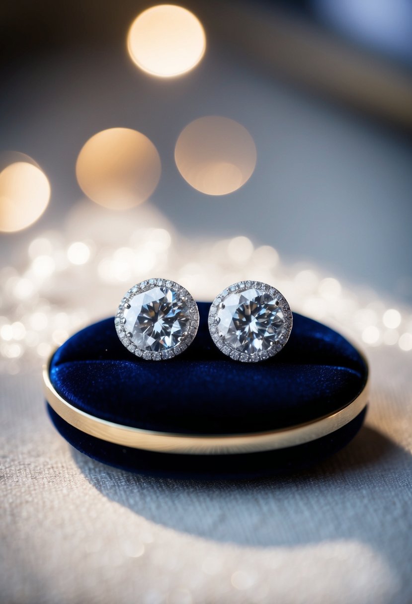 Two sparkling diamond earrings, intricately engraved, sit on a luxurious velvet cushion, catching the light