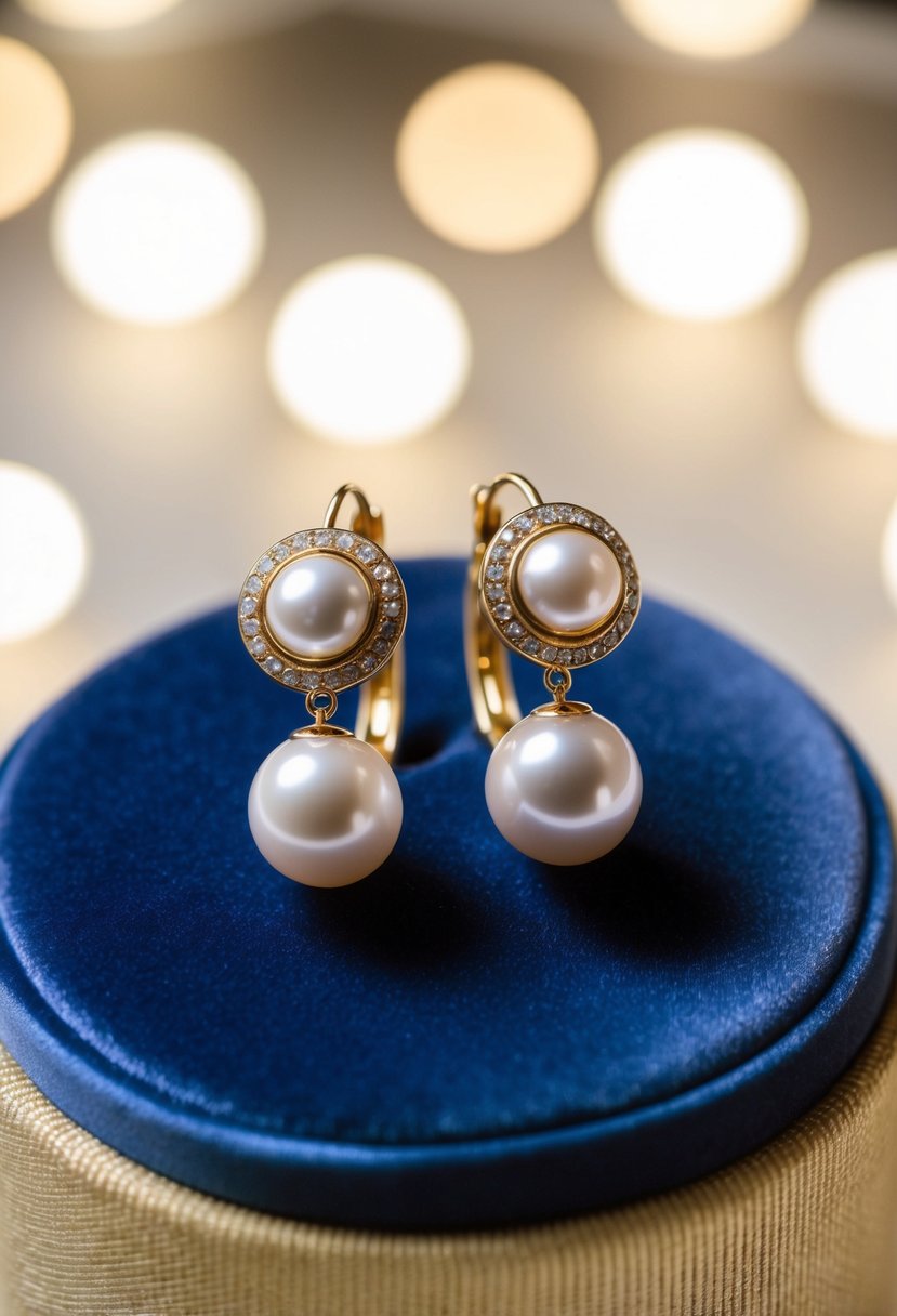 A luxurious pair of Italian-made gold and pearl earrings displayed on a velvet cushion, surrounded by soft lighting