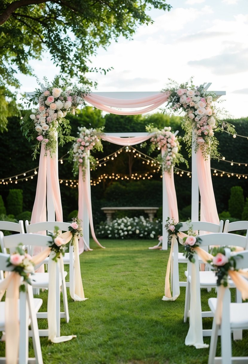 A garden adorned with floral arches, pastel ribbons, and twinkling fairy lights for a summer wedding