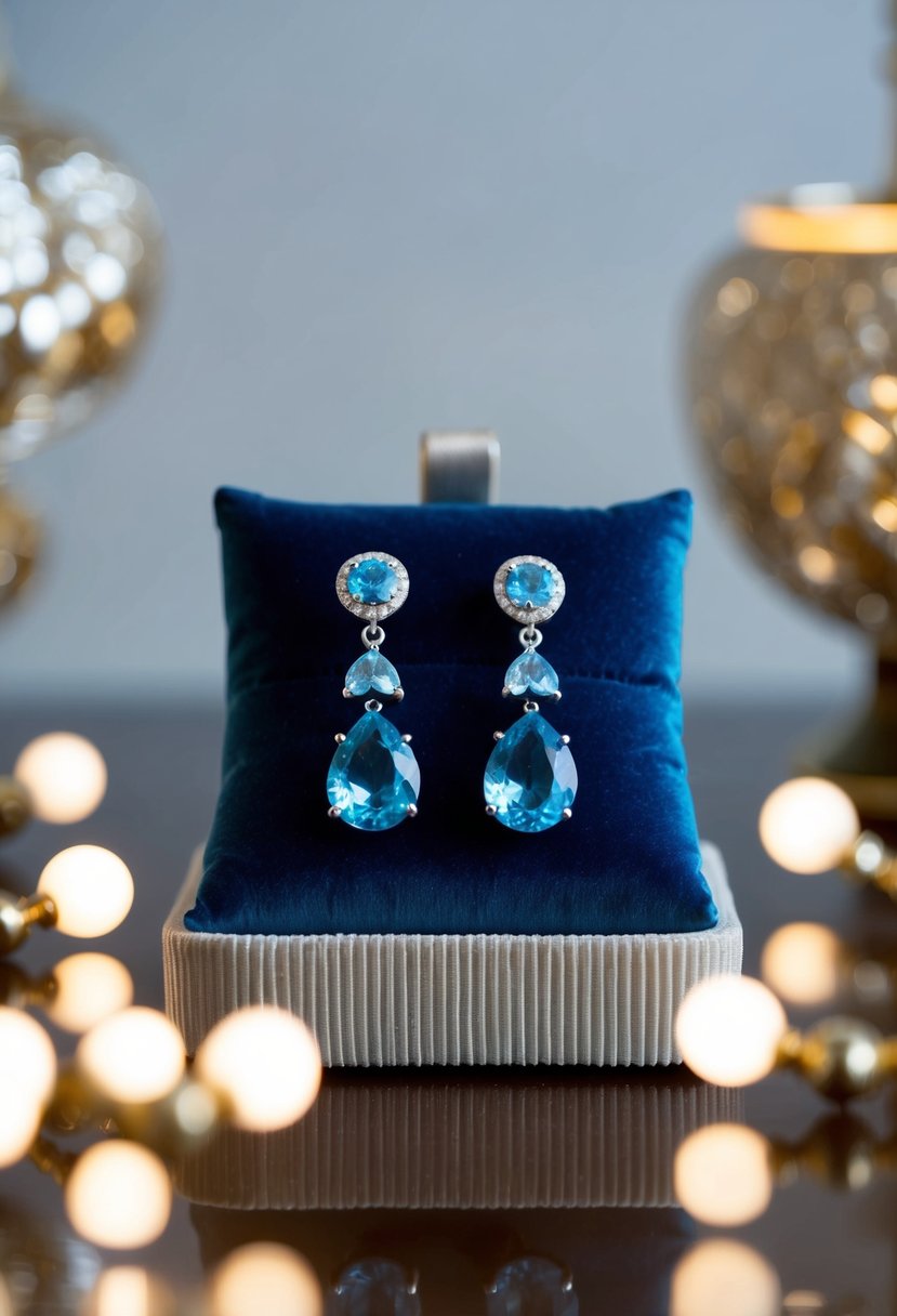 A pair of platinum and aquamarine earrings displayed on a velvet cushion, surrounded by soft lighting and luxurious decor