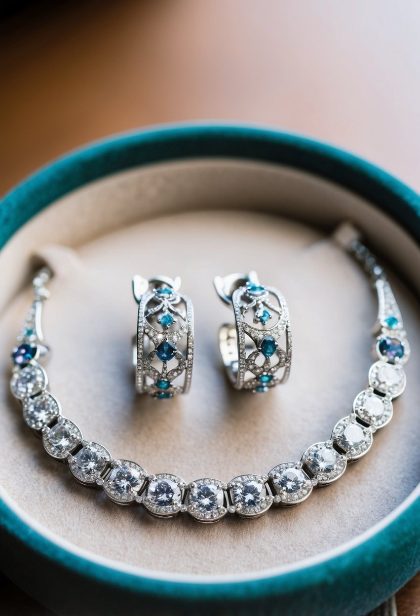 A delicate pair of diamond-studded earrings and a matching necklace, adorned with intricate silver filigree and shimmering gemstones, displayed on a velvet-lined jewelry tray