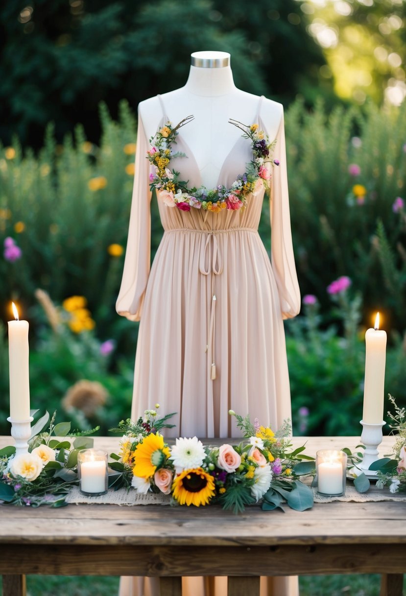 A boho dress and floral crown displayed on a rustic wooden table with wildflowers and candles, set against a backdrop of lush greenery