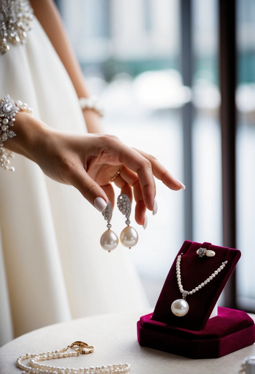 A bride's elegant hand reaches for a pair of classic pearl drop earrings, with a matching necklace displayed on a velvet jewelry stand