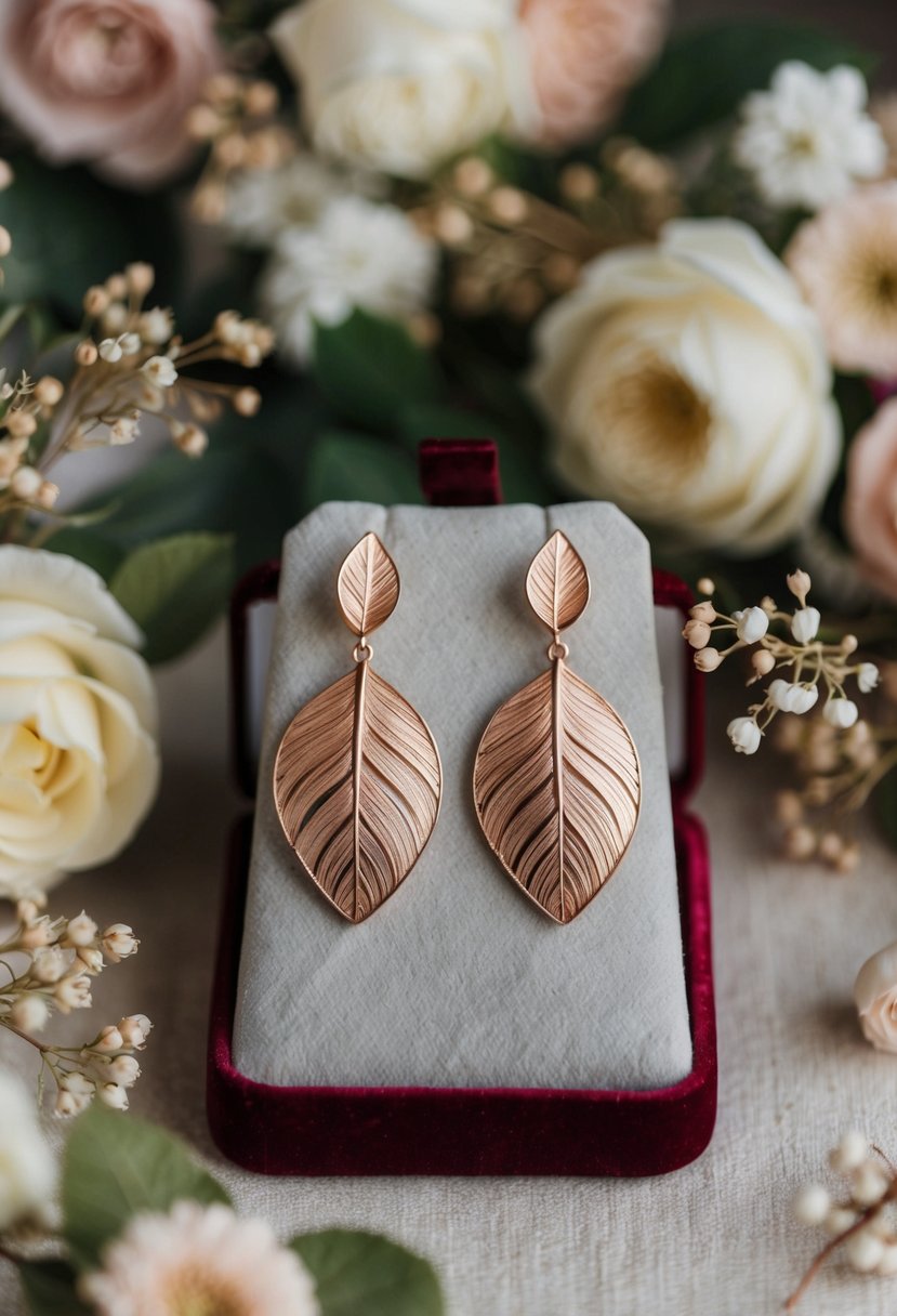 Rose gold leaf design earrings displayed on a velvet cushion with soft lighting, surrounded by delicate floral arrangements