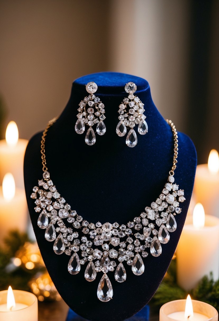 A sparkling crystal chandelier earring and necklace set displayed on a velvet stand, surrounded by soft candlelight