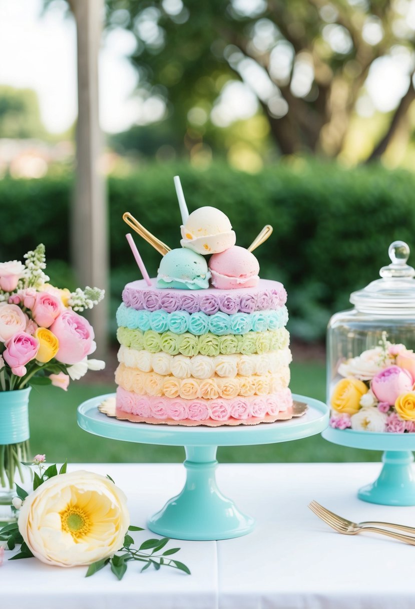 A colorful ice cream cake station with pastel decorations and floral accents for a summer wedding