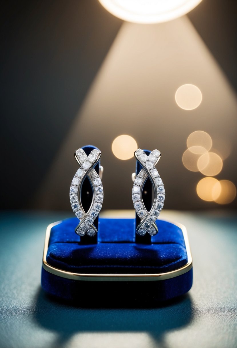 A luxurious pair of white gold infinity diamond earrings displayed on a velvet cushion under soft spotlight