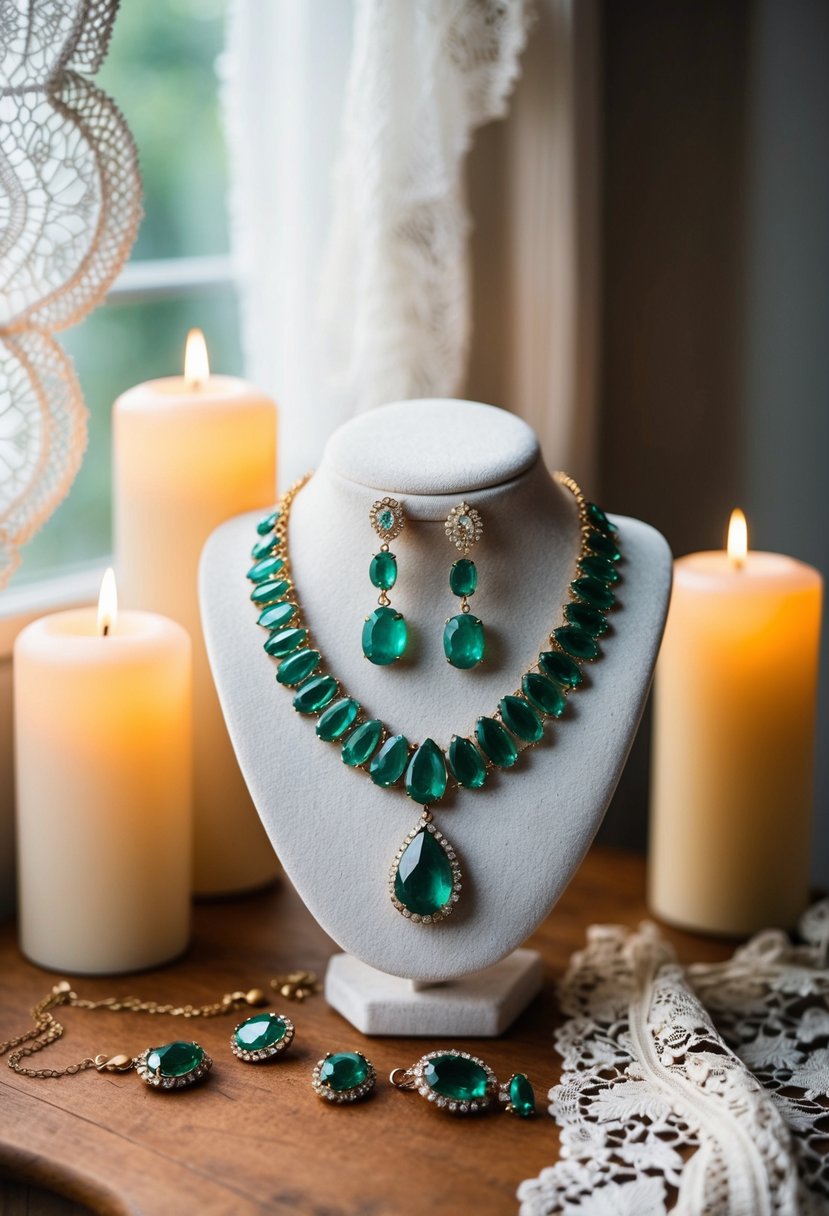 A vintage-inspired emerald necklace and earrings displayed on a velvet jewelry stand, surrounded by soft candlelight and antique lace