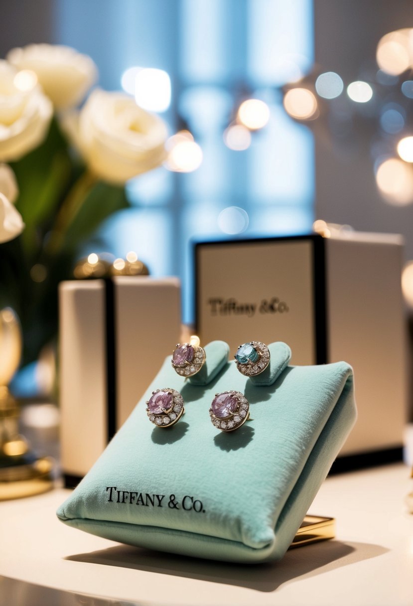 A display of Tiffany & Co. Legacy Earrings on a luxurious velvet cushion, surrounded by soft lighting and elegant decor