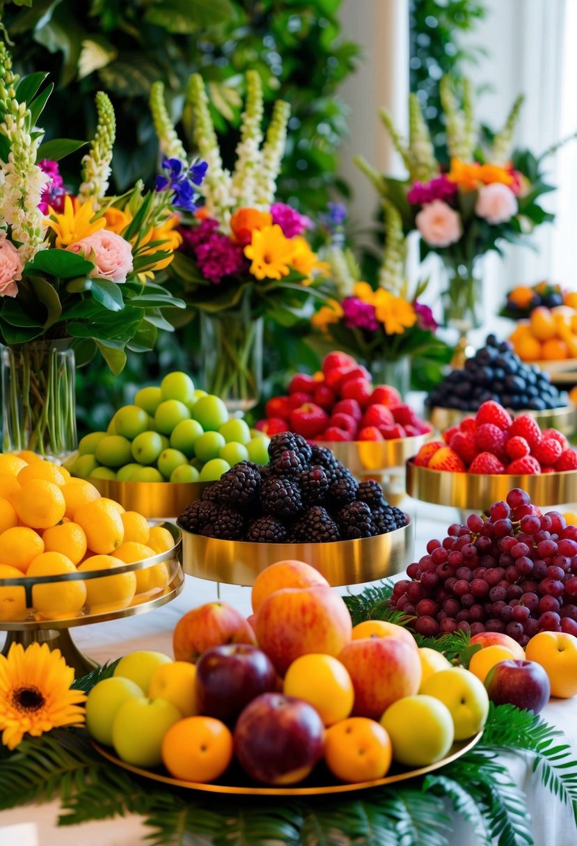 A table adorned with a variety of ripe, colorful summer fruits arranged in elegant displays, surrounded by lush greenery and vibrant flowers