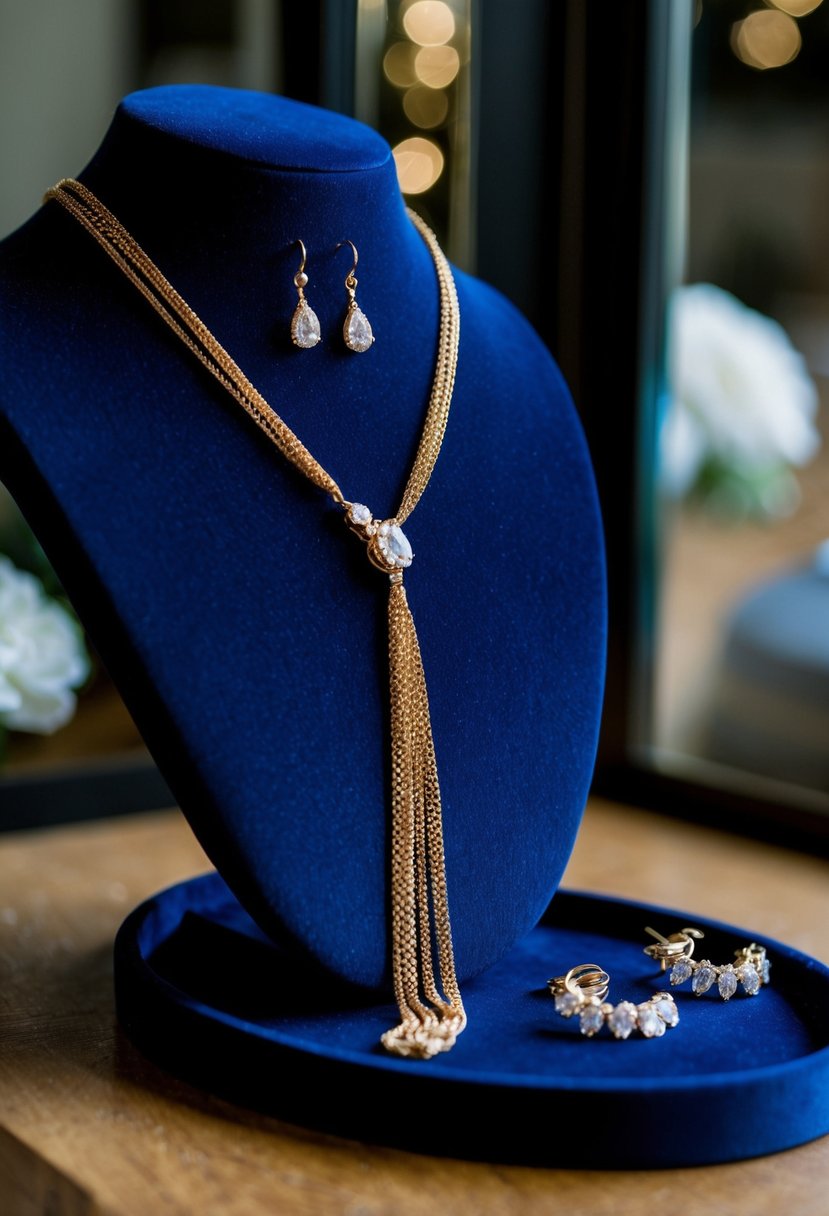 A gold lariat necklace draped over a velvet jewelry display, with delicate wedding earrings arranged beside it