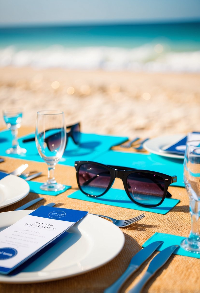 A beach-themed table setting with sunglasses as escort cards