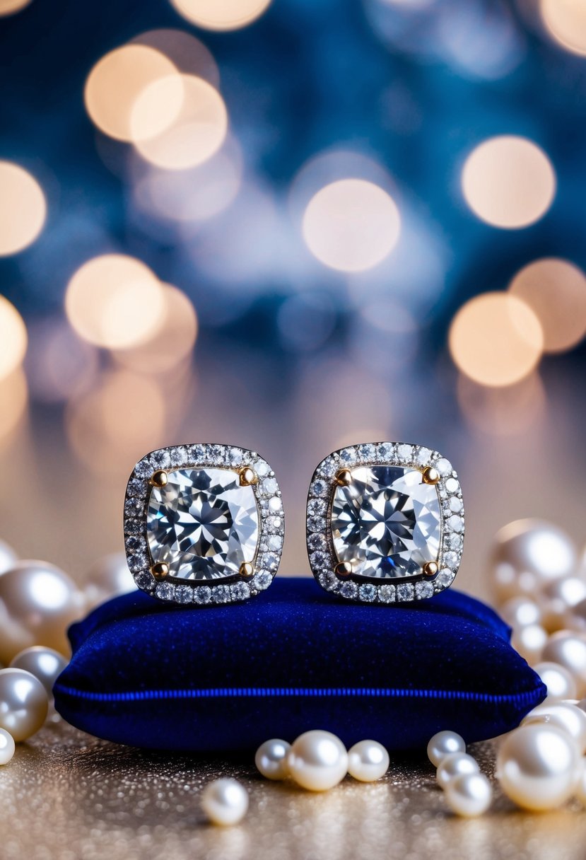 A pair of cushion cut statement earrings displayed on a luxurious velvet cushion, surrounded by sparkling diamonds and pearls