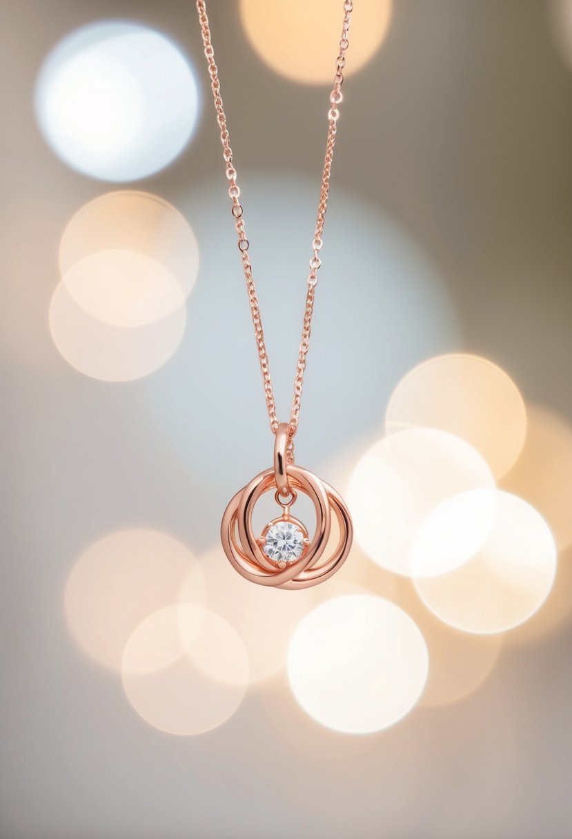 A delicate rose gold pendant necklace suspended in mid-air, surrounded by a soft halo of light