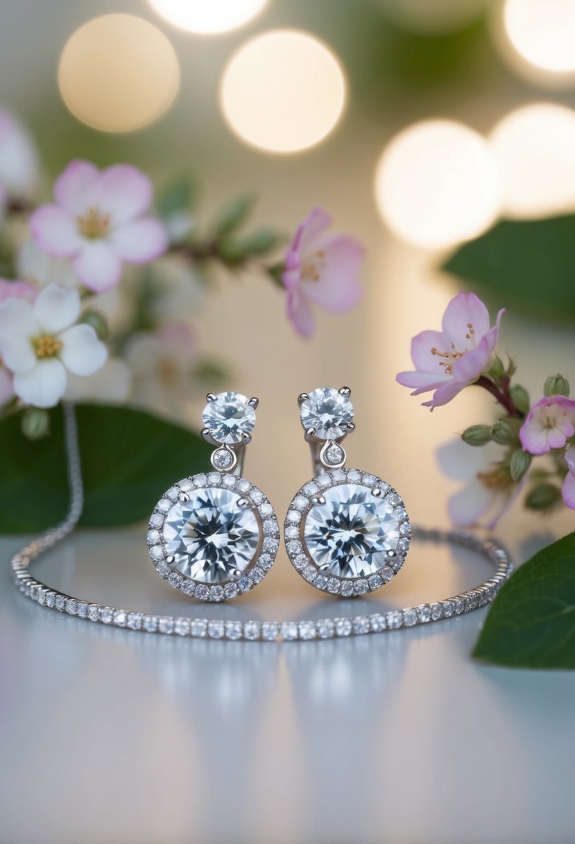 A pair of diamond earrings surrounded by delicate floral designs, accompanied by a matching necklace, all sparkling under soft lighting