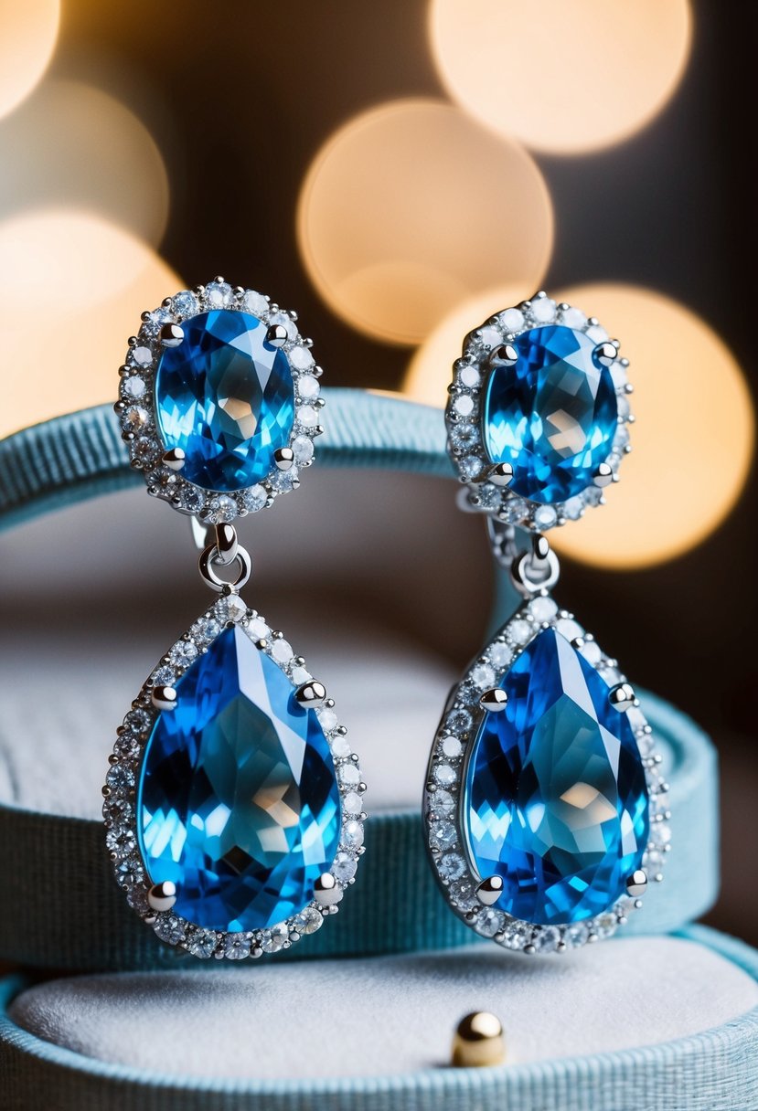 A sparkling pair of Blue Topaz and Diamond Dangler Earrings showcased on a luxurious velvet jewelry box, gleaming under soft ambient light