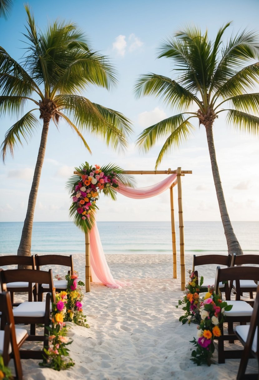 A tropical beach ceremony with palm trees, white sand, colorful flowers, and flowing fabric draped around a bamboo archway