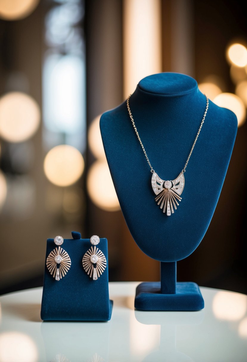 A pair of elegant Art Deco style earrings and a matching necklace displayed on a velvet jewelry stand