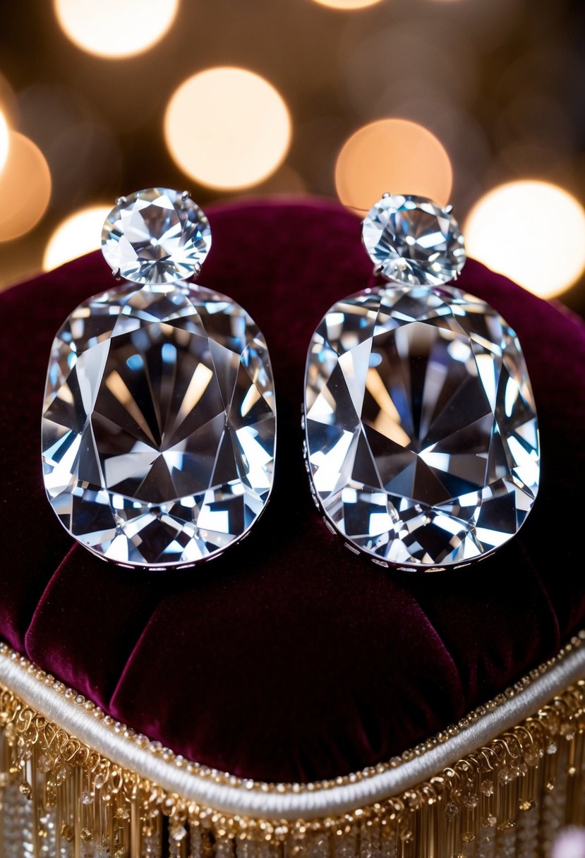 A pair of opulent, oversized crystal earrings displayed on a luxurious velvet cushion, surrounded by soft, warm lighting