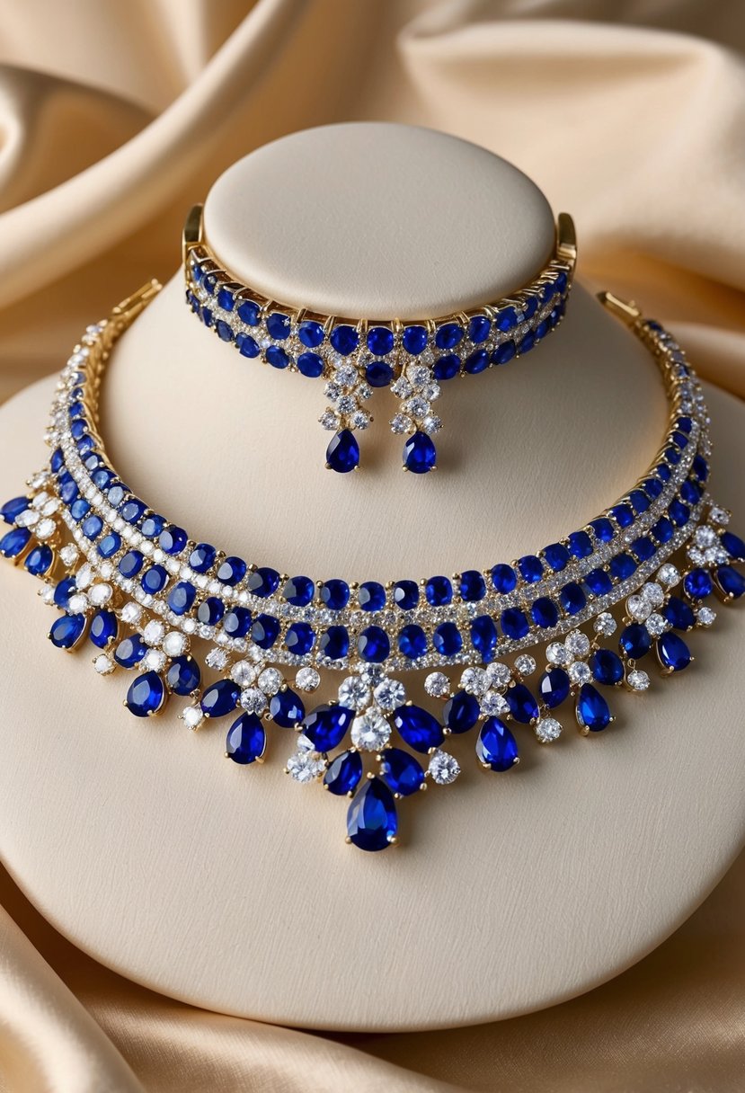 A sparkling choker and earrings set, adorned with sapphires and diamonds, displayed against a soft, luxurious fabric backdrop