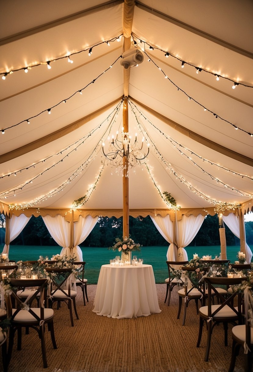 A wedding tent adorned with fairy lights and draped fabric, creating a magical and romantic atmosphere for a summer wedding celebration