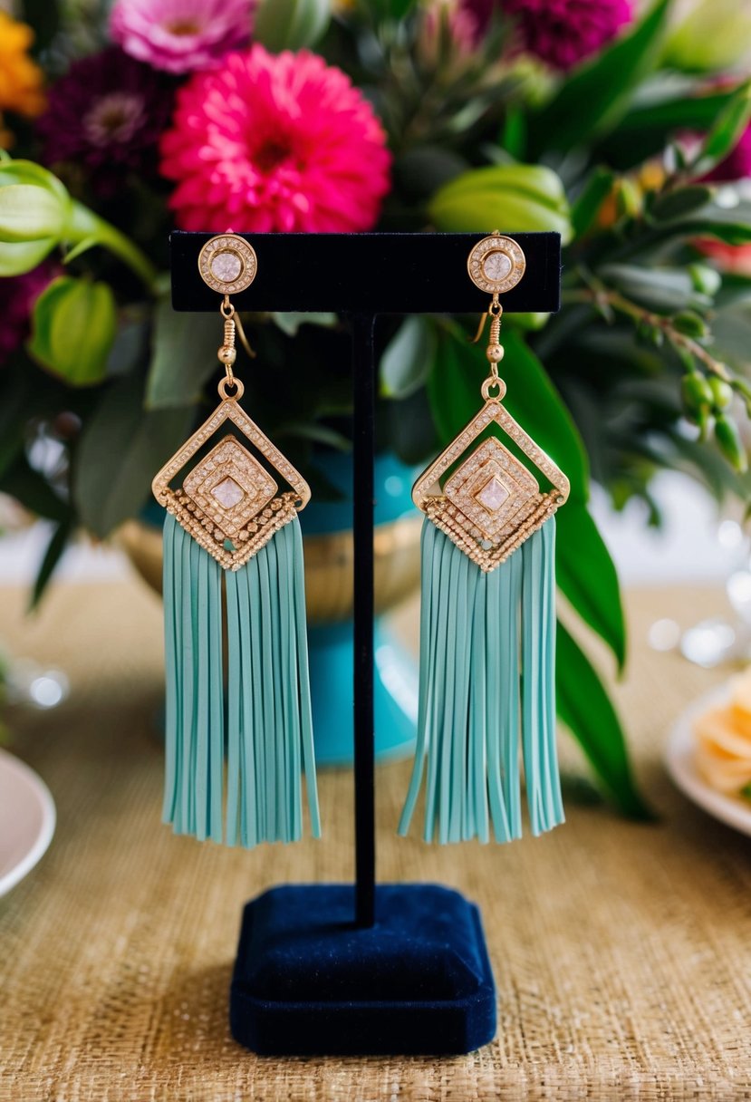 A table adorned with bohemian tassel earrings and a matching necklace, set against a backdrop of vibrant flowers and greenery