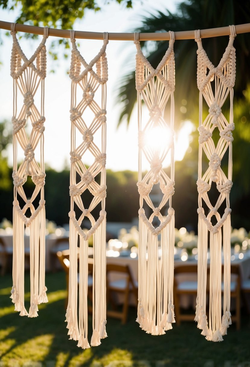 A sunlit outdoor wedding venue adorned with macramé hangings, creating a boho vibe with their intricate knots and flowing fringe