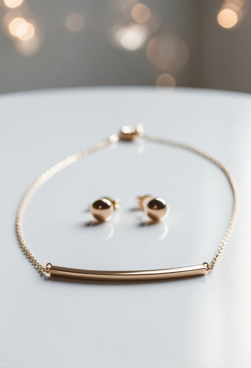 A sleek bar necklace and simple earrings on a clean, white surface