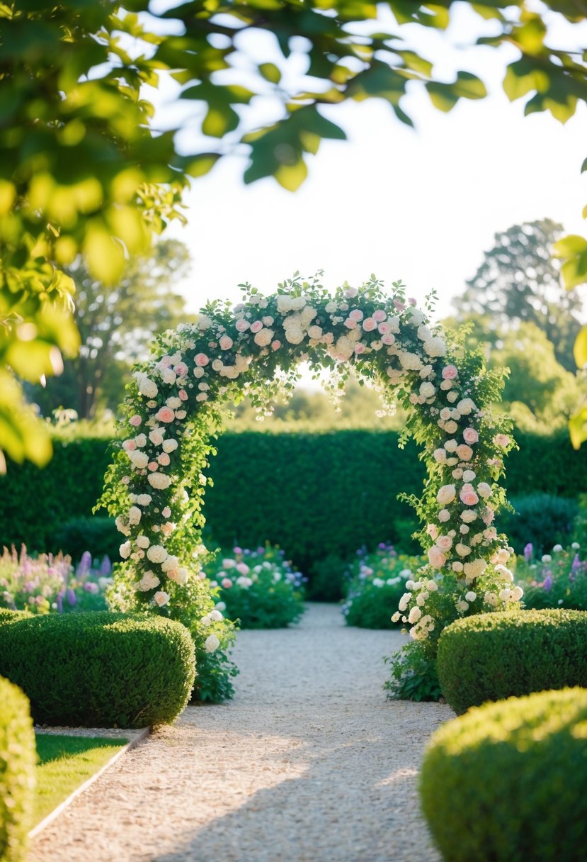 A lush garden with floral arches in bloom, creating an enchanting and romantic setting for a summer wedding