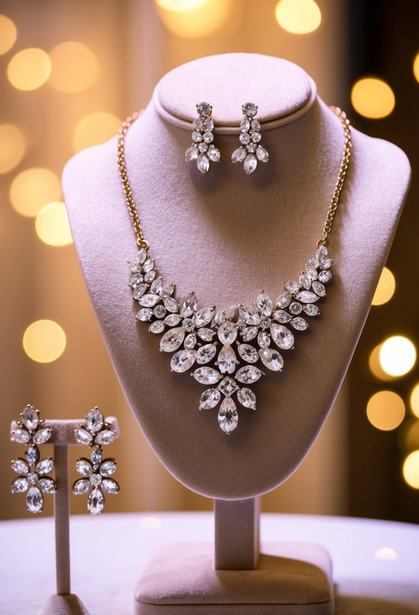 A sparkling rhinestone cluster earring and necklace set displayed on a velvet jewelry stand under soft, warm lighting