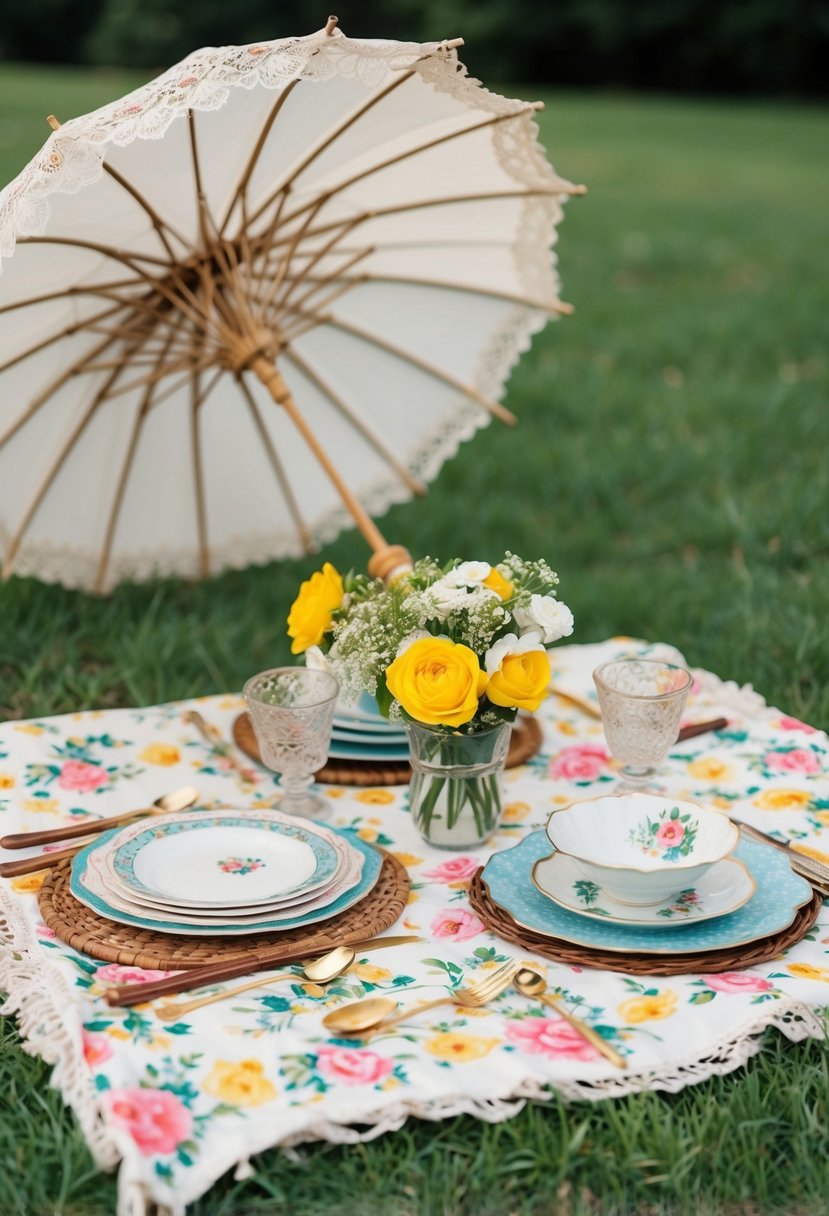 A vintage-inspired picnic setup with floral tablecloth, mismatched china, and antique lace parasol