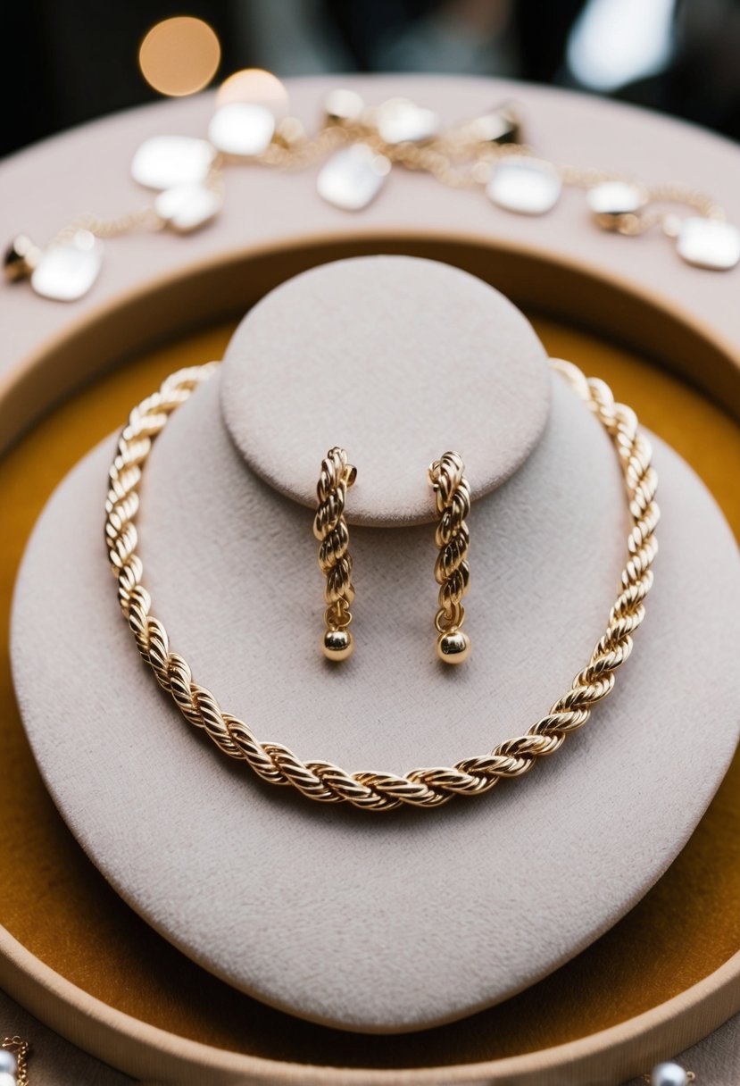 A delicate twisted rope chain necklace and matching earrings laid out on a velvet jewelry display