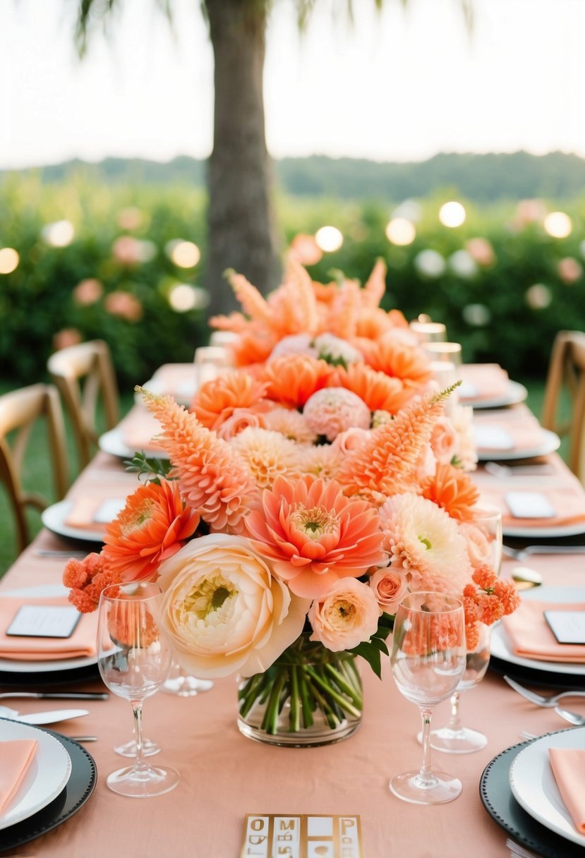 A table adorned with coral and peach flower arrangements for a summer wedding