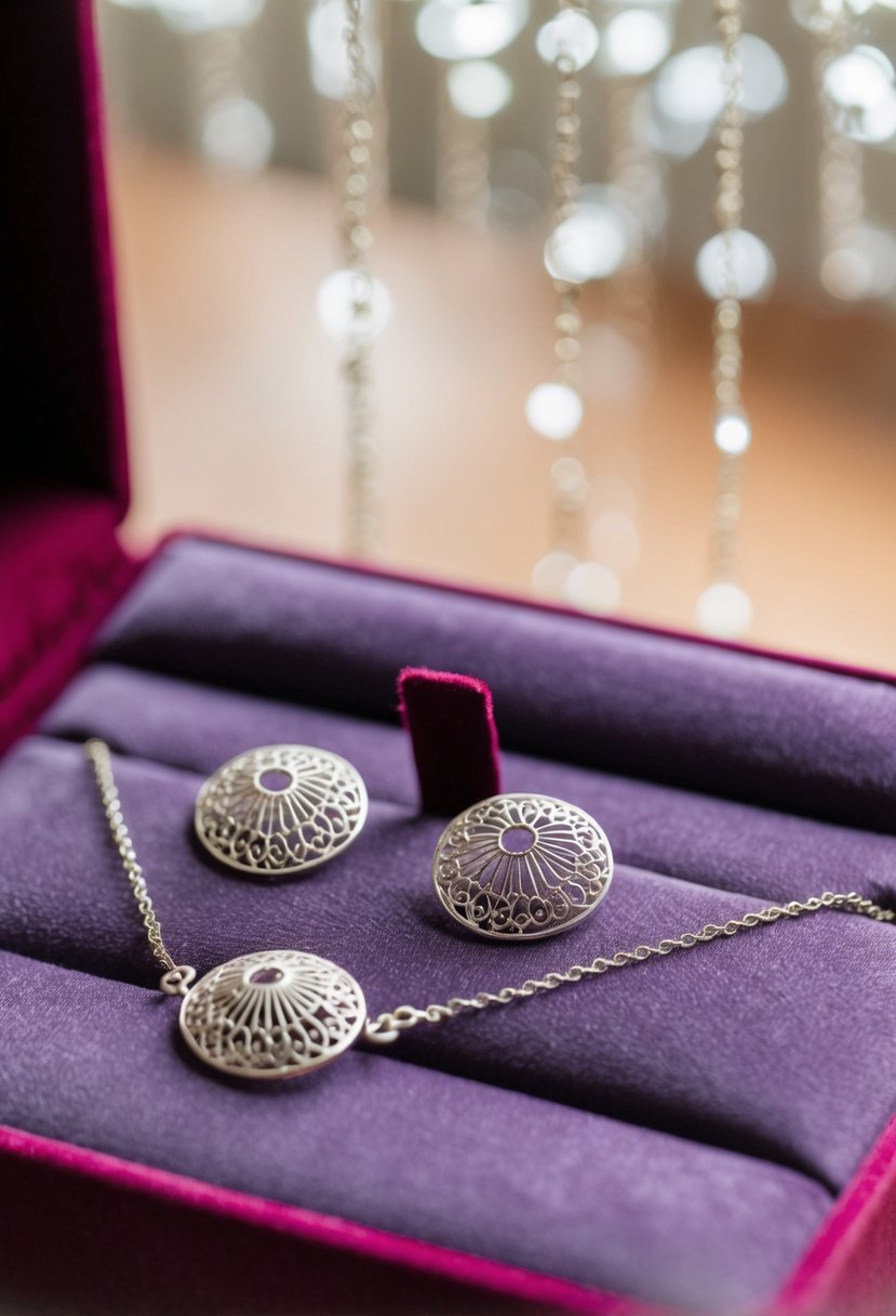 A pair of delicate filigree earrings and a matching necklace laid out on a velvet jewelry display, catching the light with their intricate details